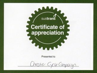 Sustrans Certificate of Appreciation